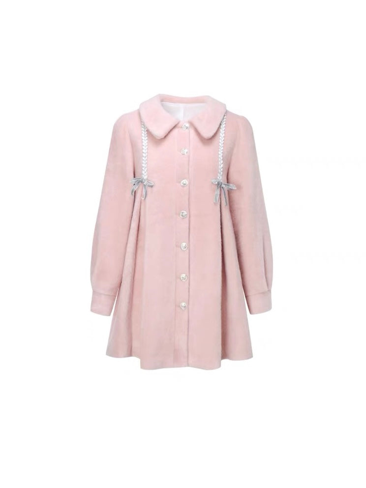 RECIT. Original Design Pink Doll Collar Bow Girly Woolen Mid-length Coat Winter