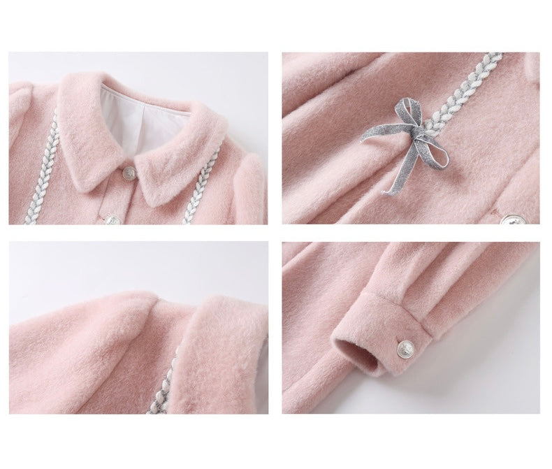 RECIT. Original Design Pink Doll Collar Bow Girly Woolen Mid-length Coat Winter