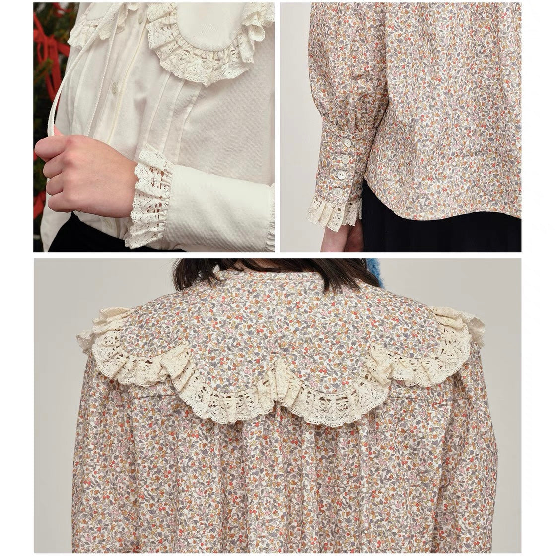 Women stars birds. Original Design Vintage Corduroy Floral Top Lace Petal Collar Long-Sleeved Shirt