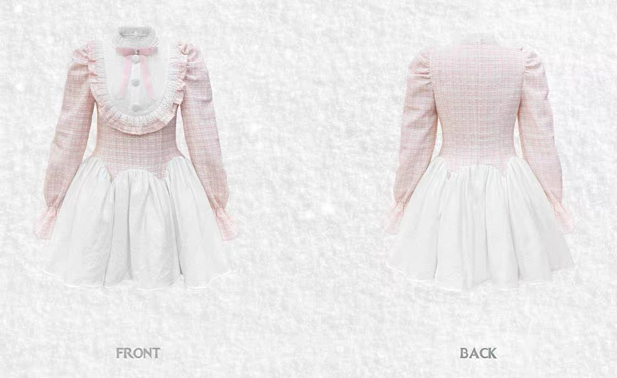 Narrator. Original Design Pink Plaid Lace Diamond Bow Long Sleeve Dress