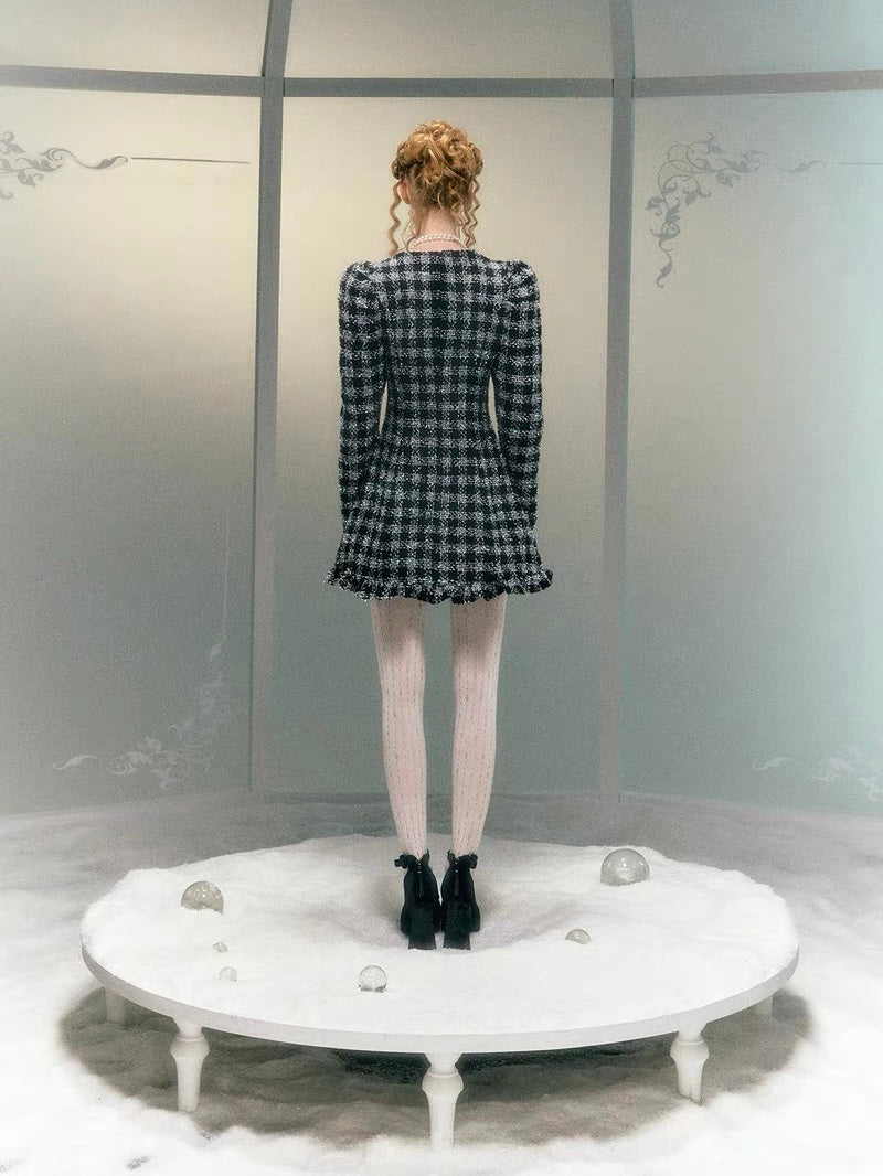 Narrator. Original Design Black Houndstooth Bow Lace Puff Sleeve Tight Skirt Dress