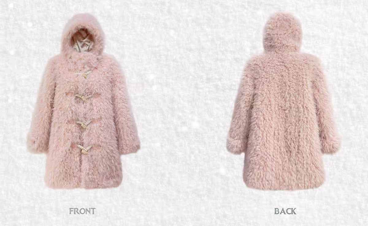 Narrator. Original Design Horn Button Hooded Mid-Length Loose Eco Fur Coat
