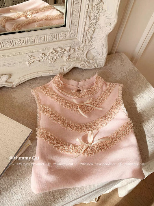 Mummy Cat. Girly Bow Lace Stretch Knit Top