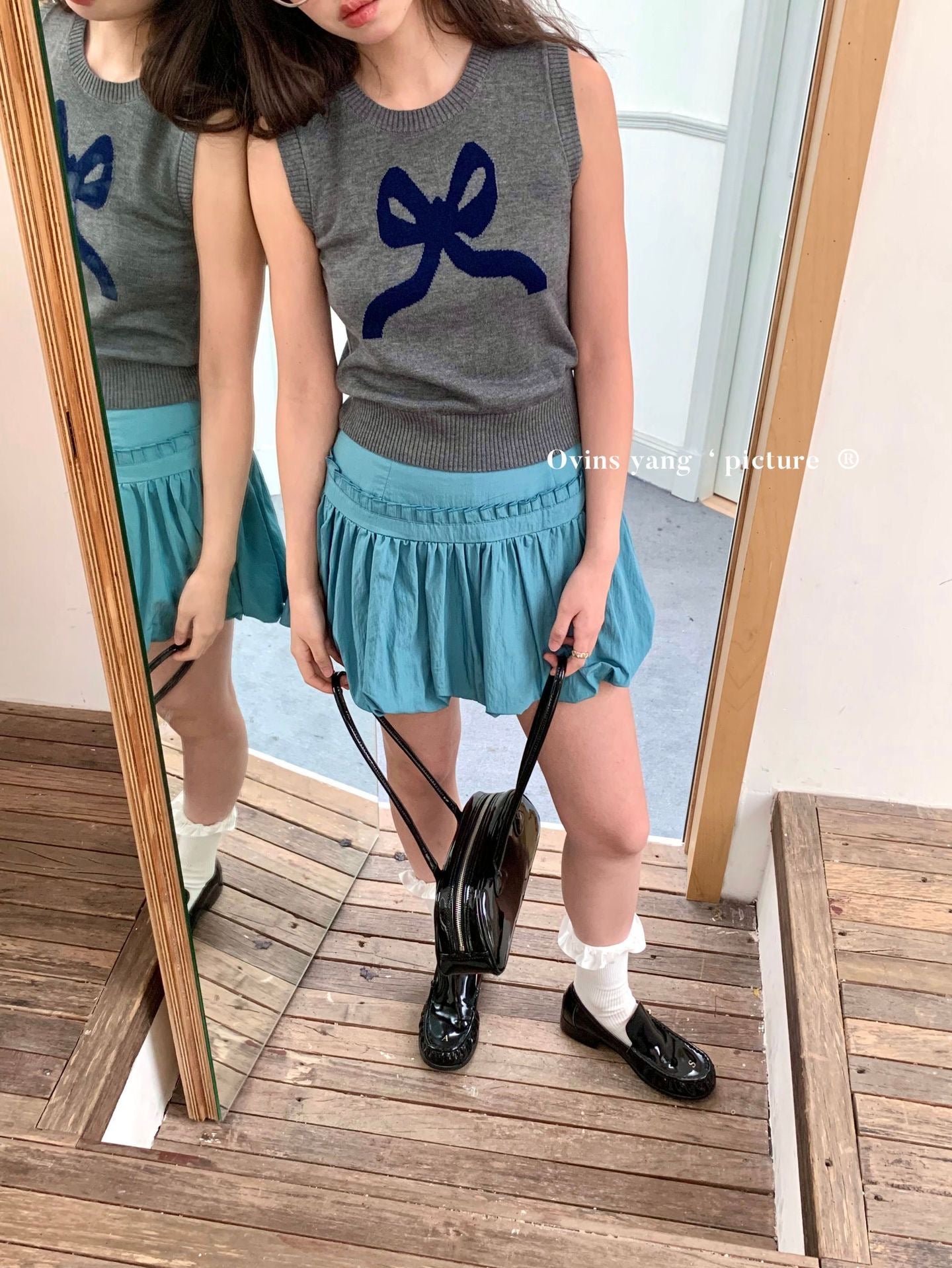 Ovins yang. Girly Sweet Bow knit Vest Sleeveless Top