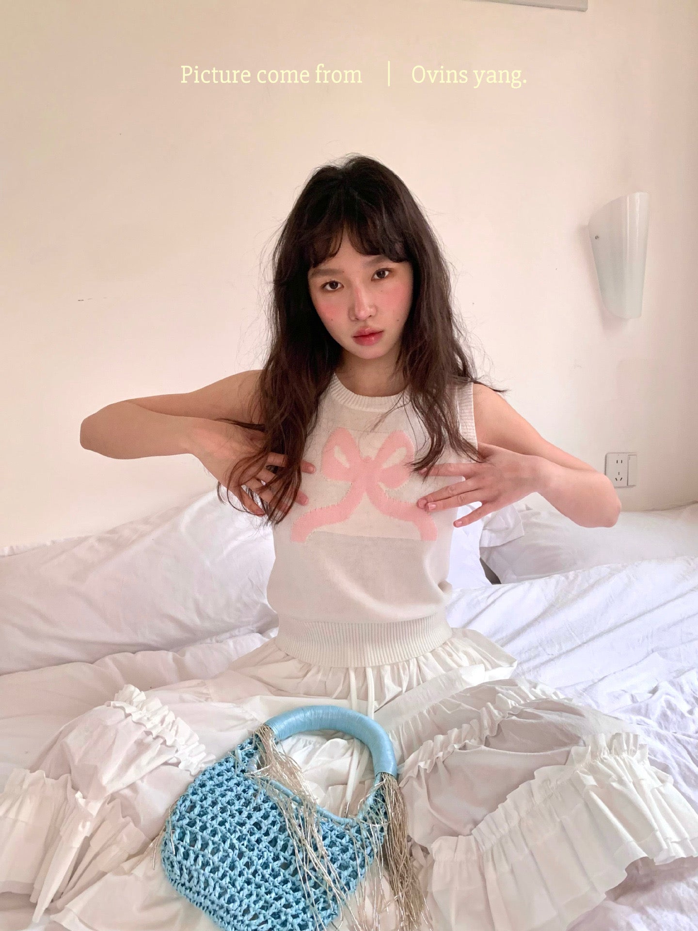 Ovins yang. Girly Sweet Bow knit Vest Sleeveless Top