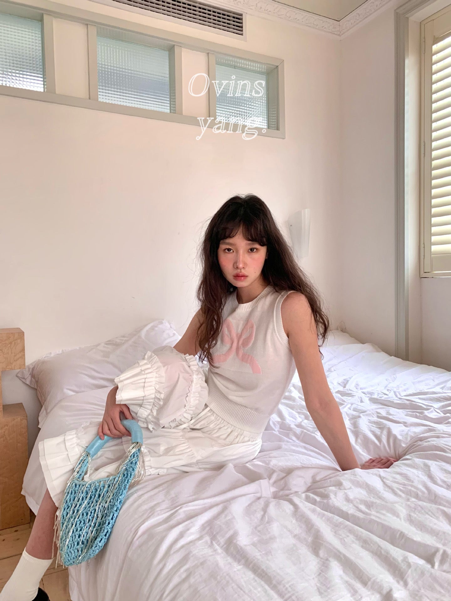 Ovins yang. Girly Sweet Bow knit Vest Sleeveless Top