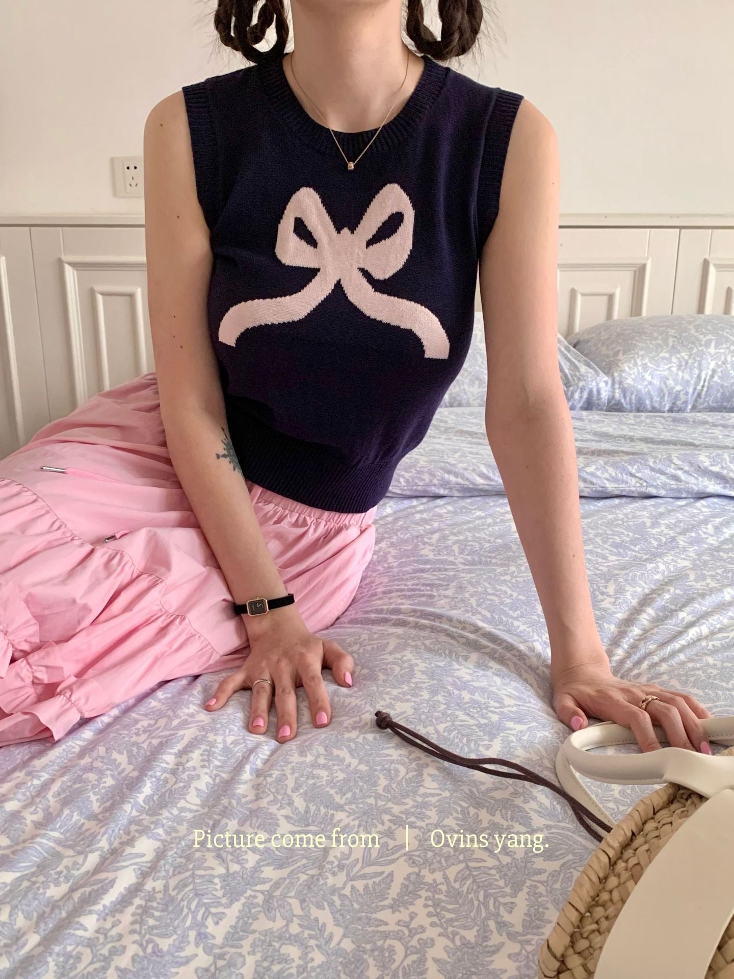 Ovins yang. Girly Sweet Bow knit Vest Sleeveless Top