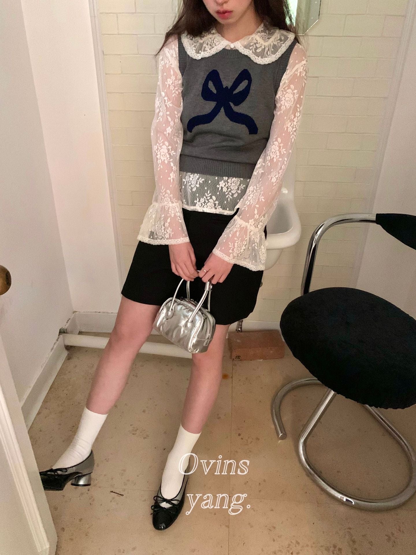 Ovins yang. Girly Sweet Bow knit Vest Sleeveless Top