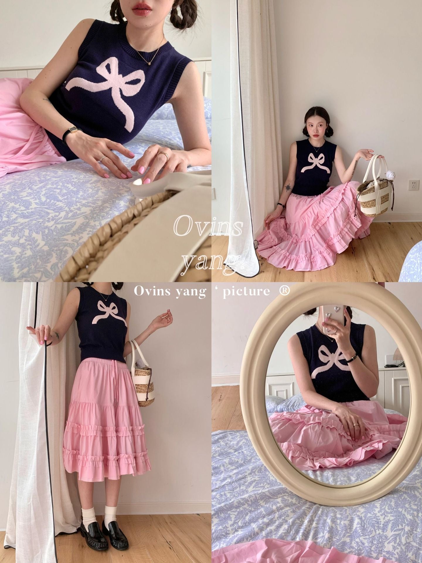 Ovins yang. Girly Sweet Bow knit Vest Sleeveless Top