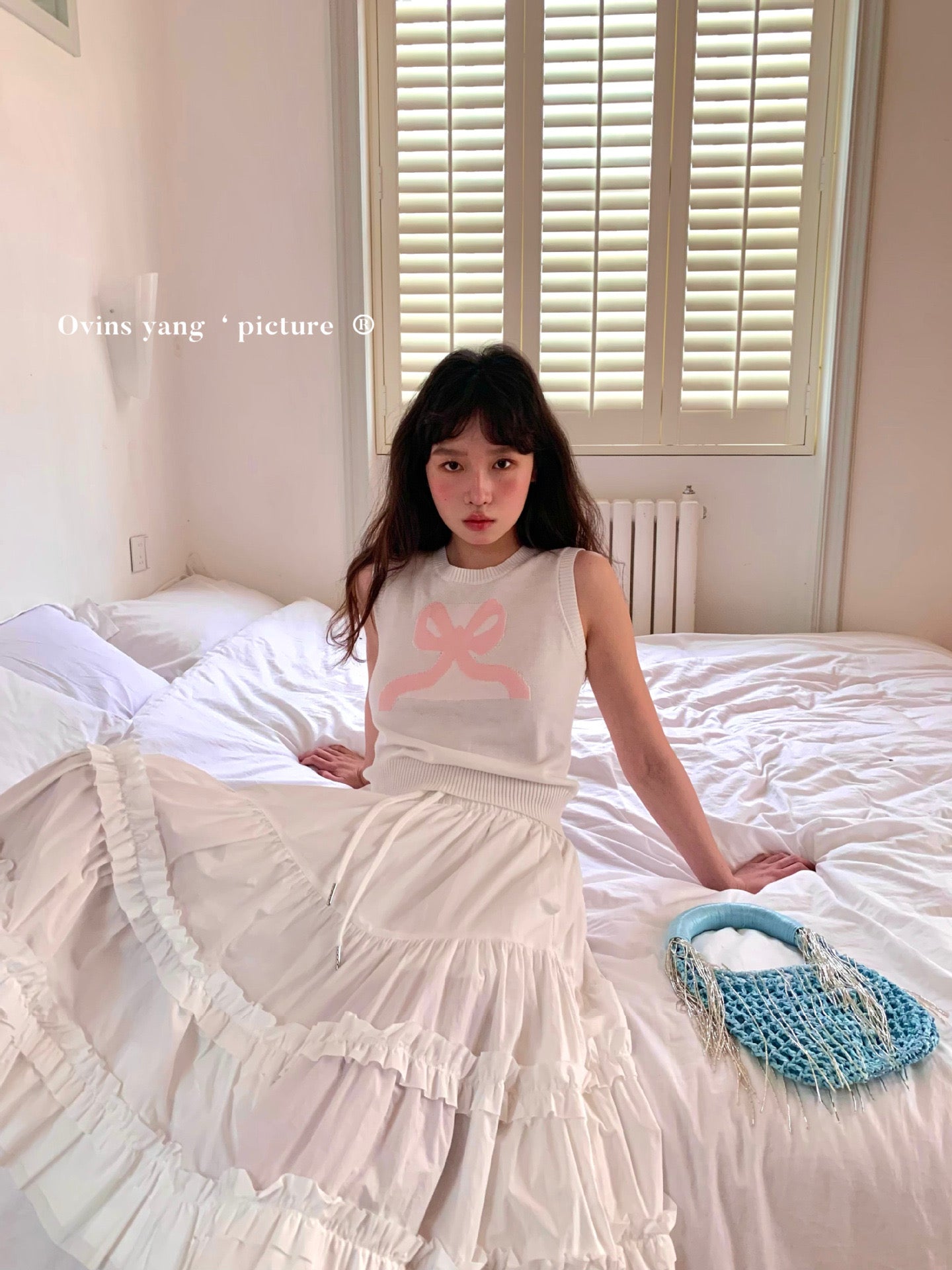 Ovins yang. Girly Sweet Bow knit Vest Sleeveless Top