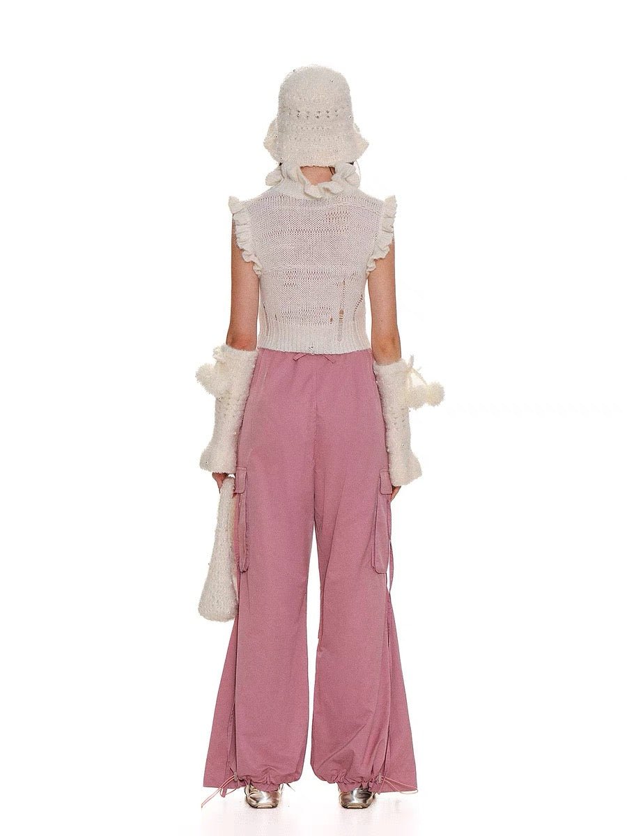 Moromoro. Original Design Lace Collar Hollow Pearl Vest Knit