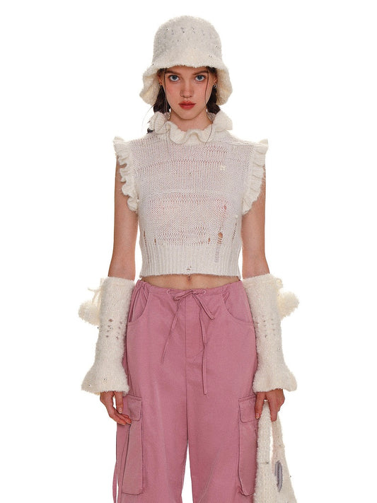 Moromoro. Original Design Lace Collar Hollow Pearl Vest Knit