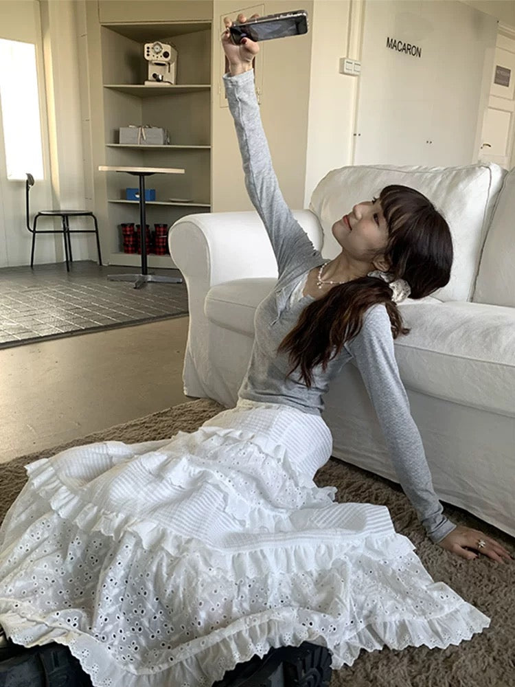 Zero Soda.White Lace Cake Long Skirt