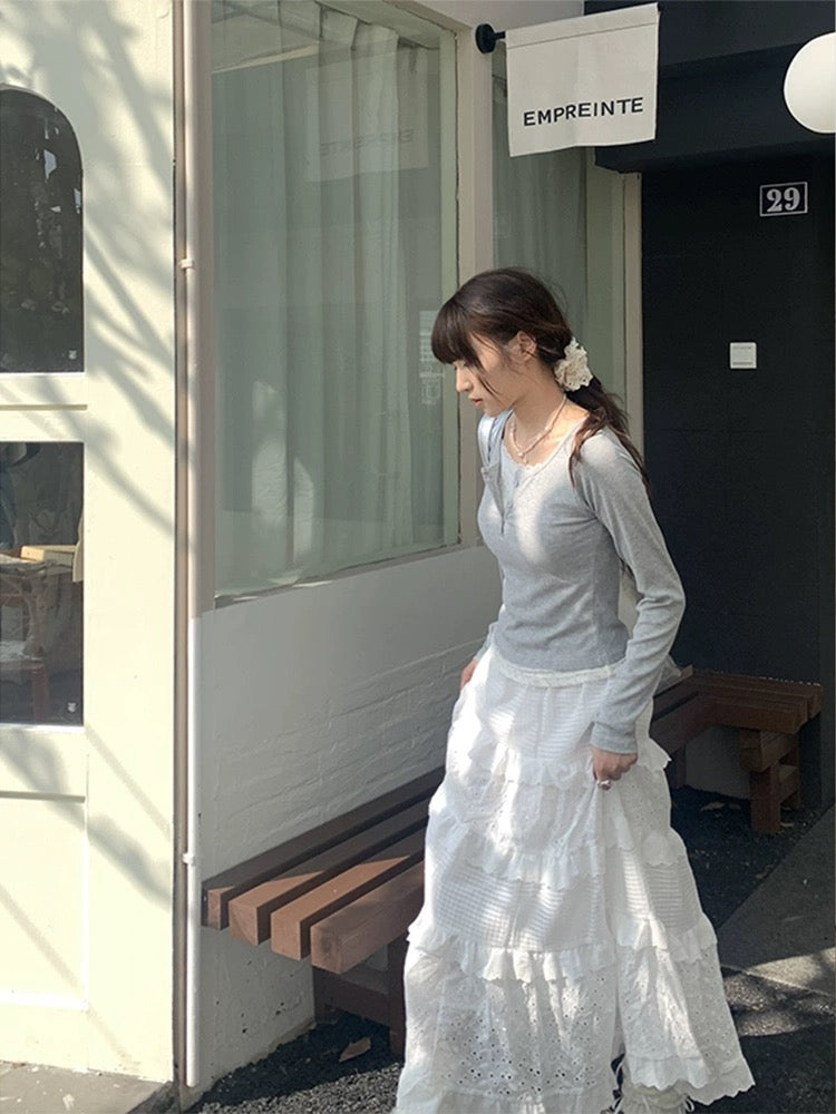 Zero Soda.White Lace Cake Long Skirt