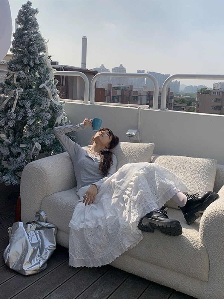 Zero Soda.White Lace Cake Long Skirt