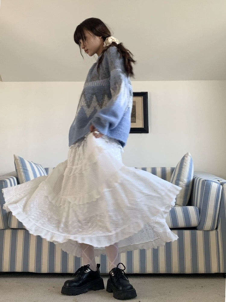 Zero Soda.White Lace Cake Long Skirt