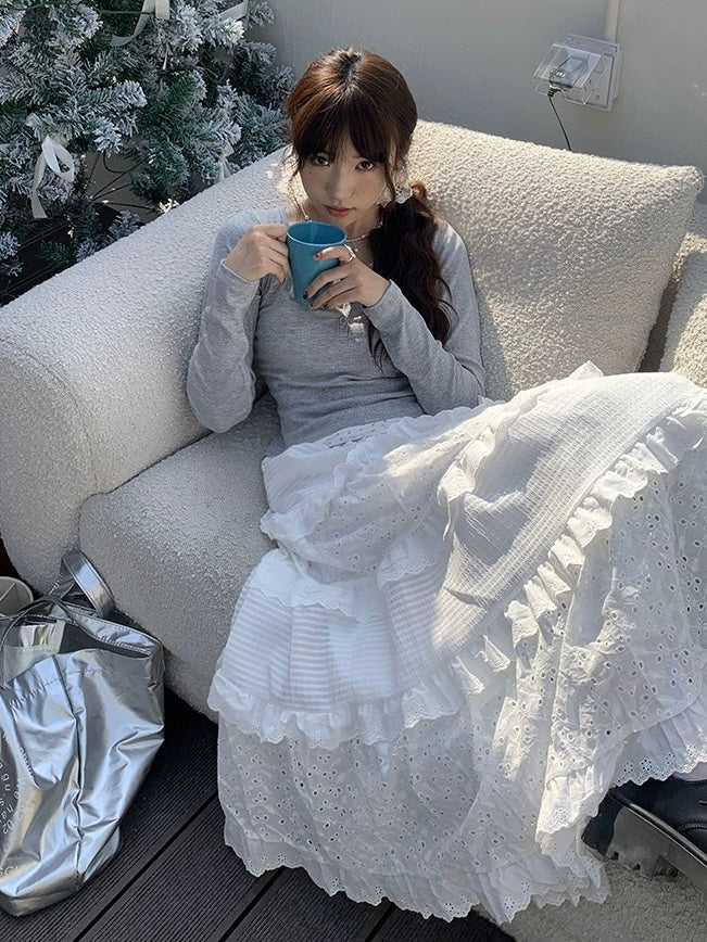 Zero Soda.White Lace Cake Long Skirt