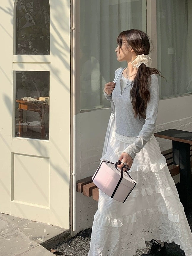 Zero Soda.White Lace Cake Long Skirt