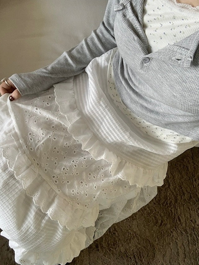 Zero Soda.White Lace Cake Long Skirt