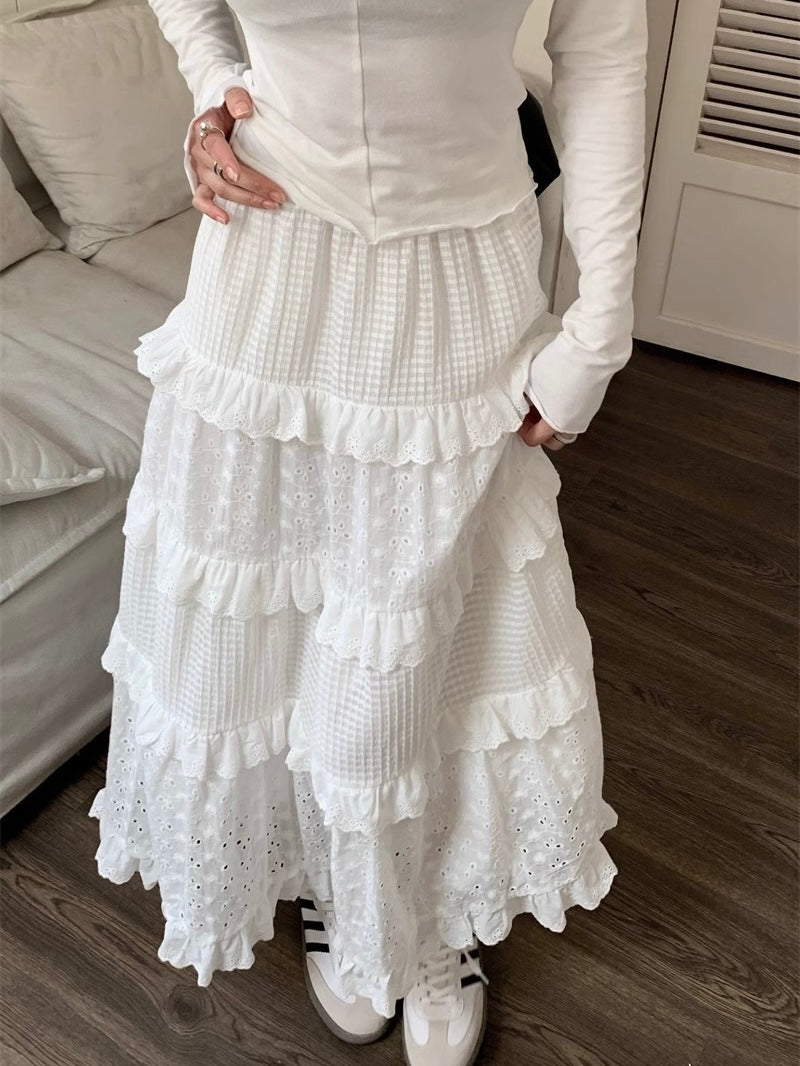 Zero Soda.White Lace Cake Long Skirt