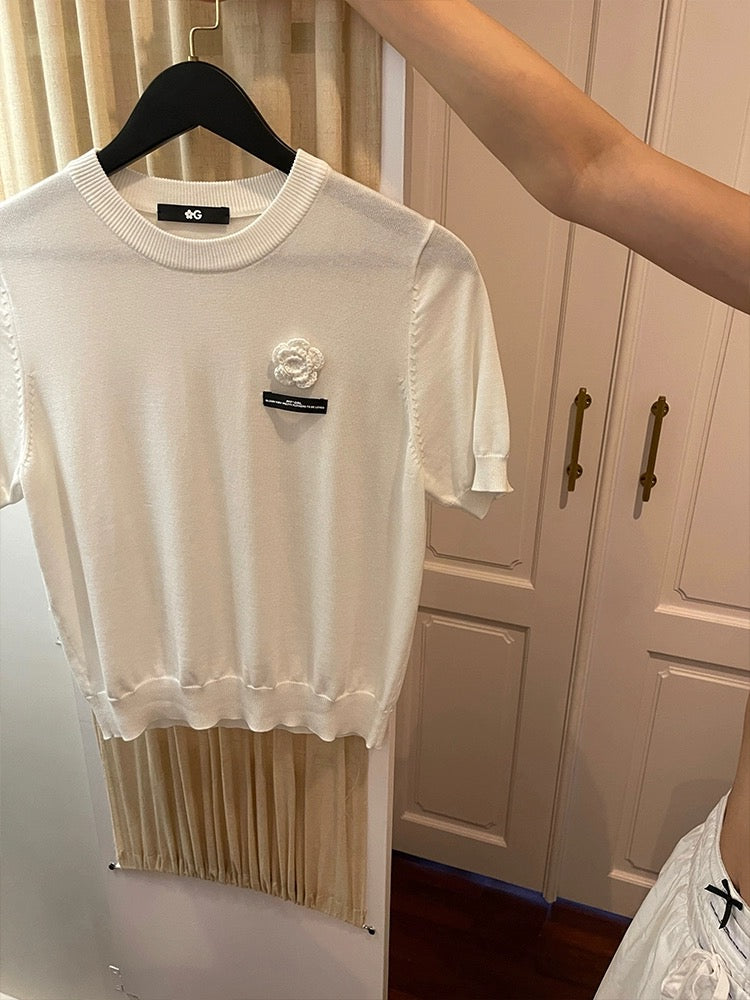 PFF GIRL. Original Design White Flower Tencel Knit T-Shirt