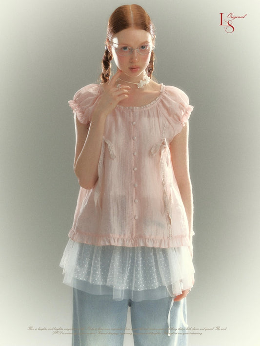 LOLOL.Original Design French Girly Frill Lace Up Shirt