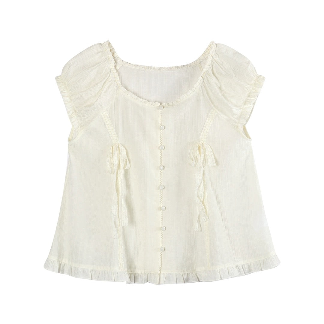 LOLOL.Original Design French Girly Frill Lace Up Shirt