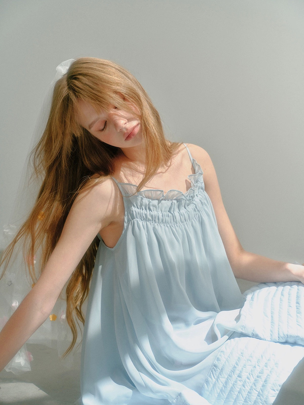 UNOSA.Original Design Blue Suspender Hem Cotton Dress