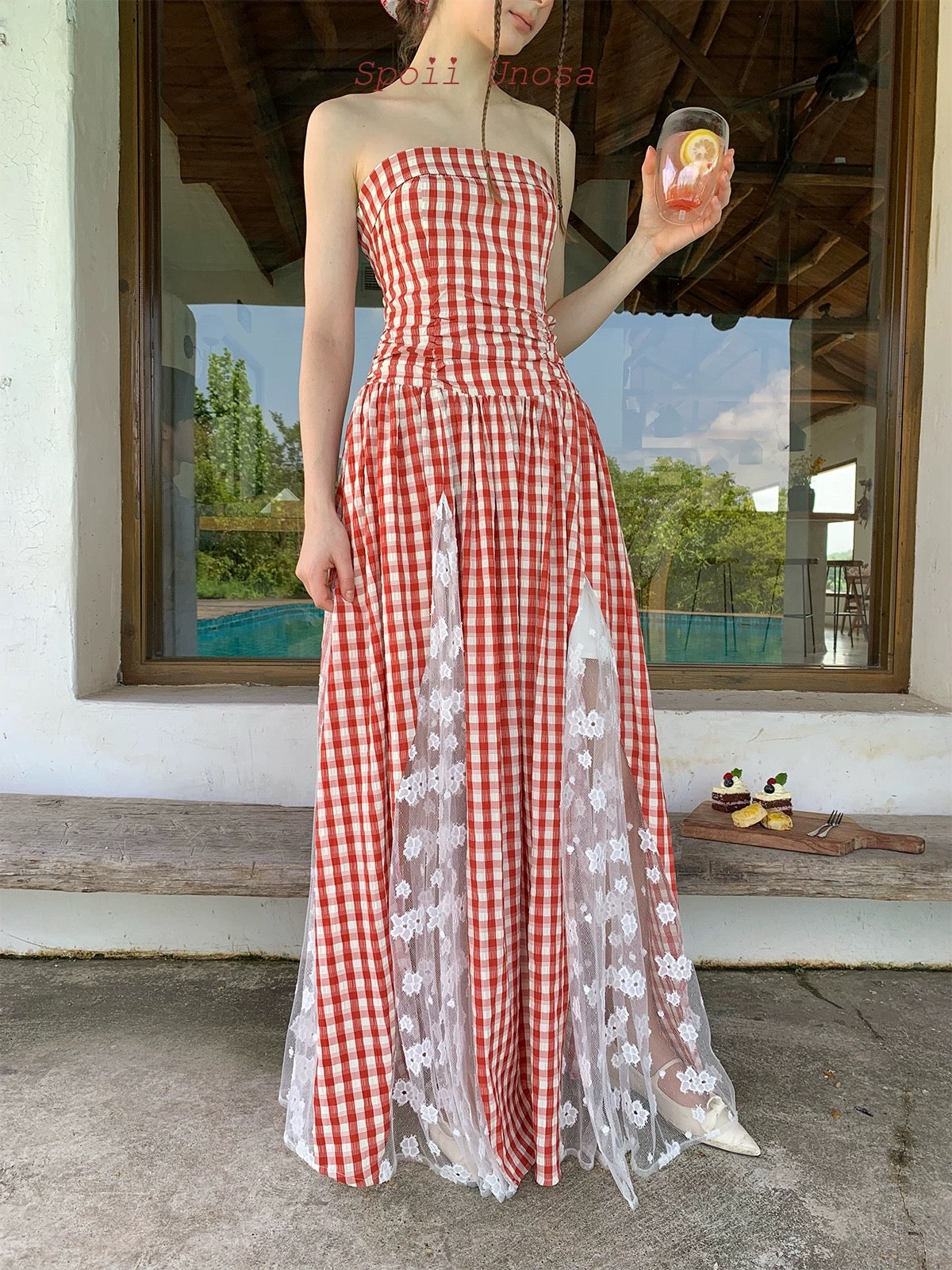 Spoii Unosa.Original Design French Check Lace Vacation Dress