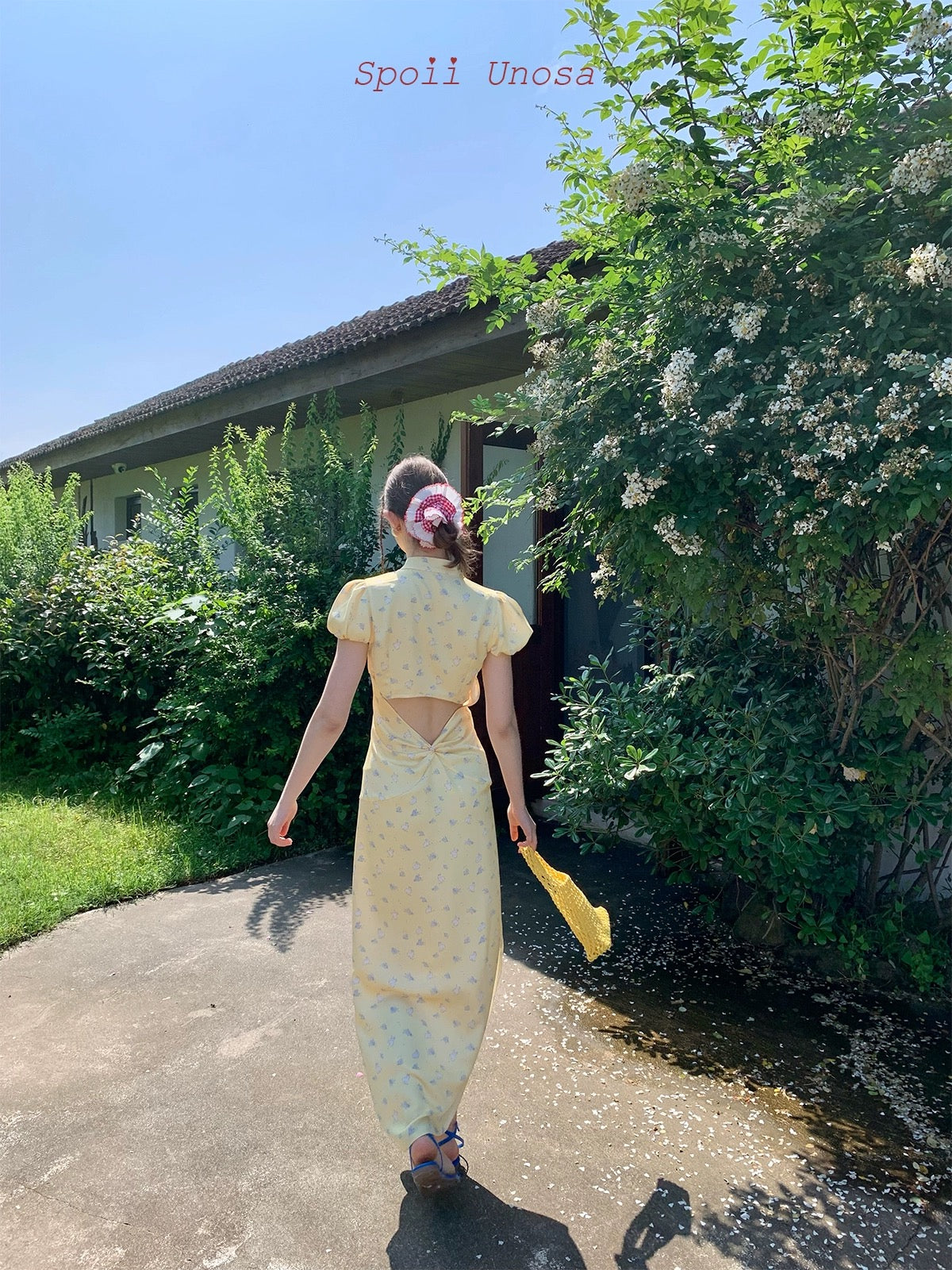 Spoii Unosa.Original Design Yellow Bunny Print Satin Cheongsam Dress