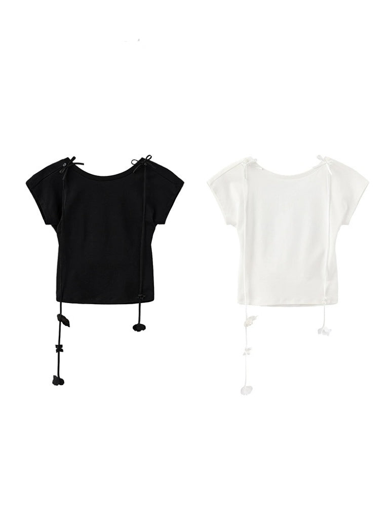 PER PEARL. Original Design Handmade Flower Ribbon Backless T-shirt