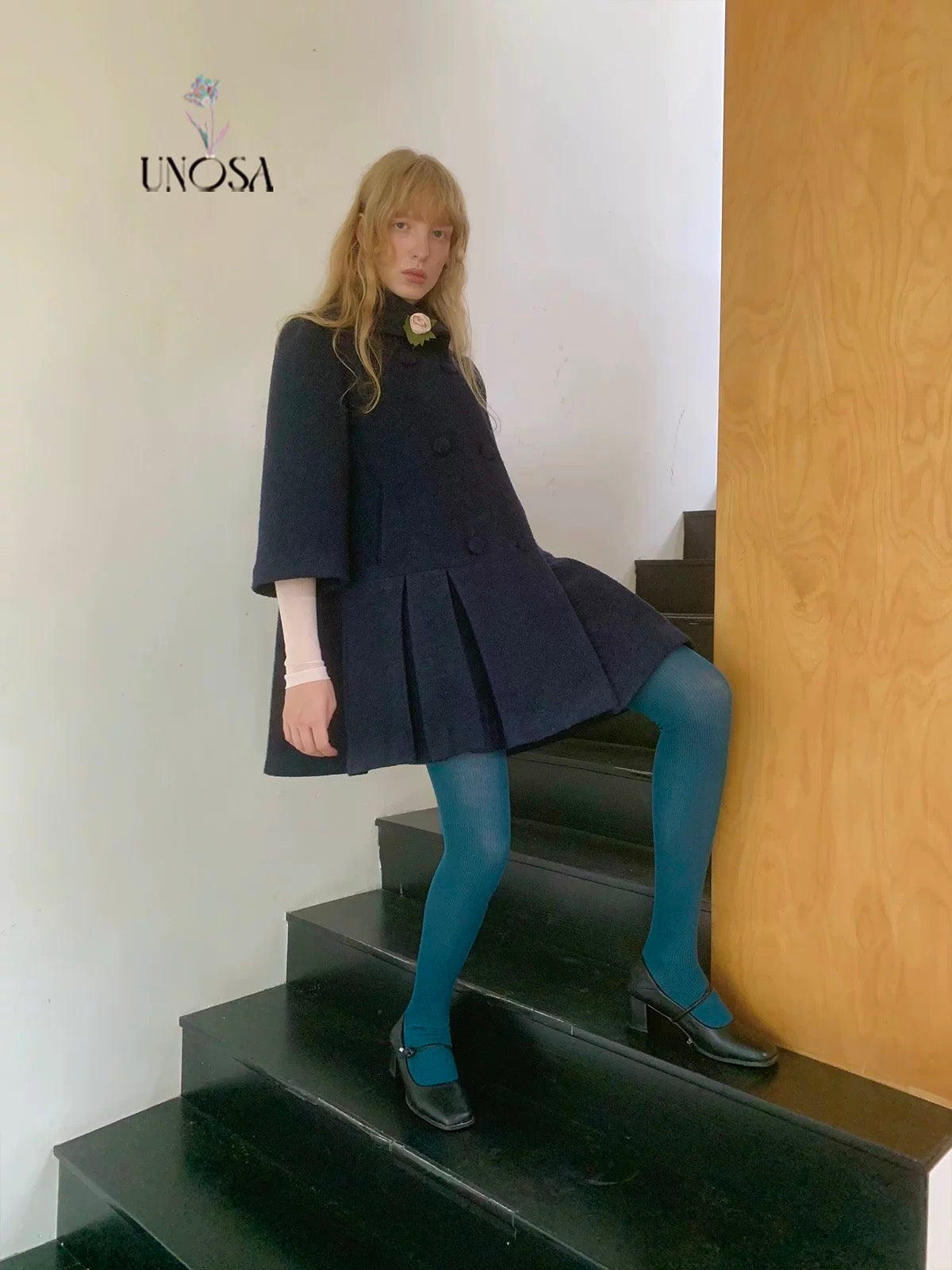 UNOSA. Original Design Navy Pleat Wool Coat