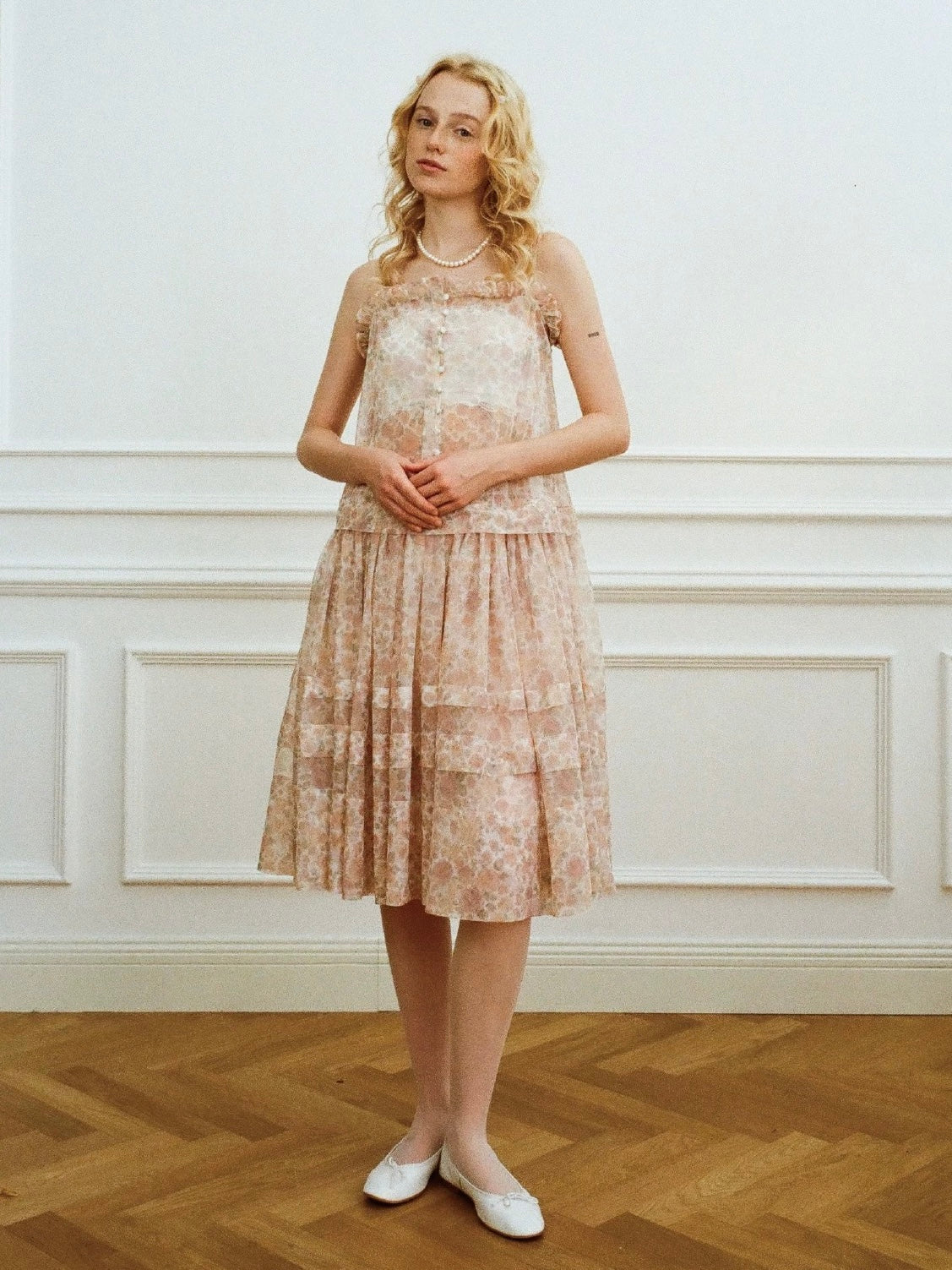 Papi Lav. Original Design Rose Print Sheer Tulle Overlay Strap Dress