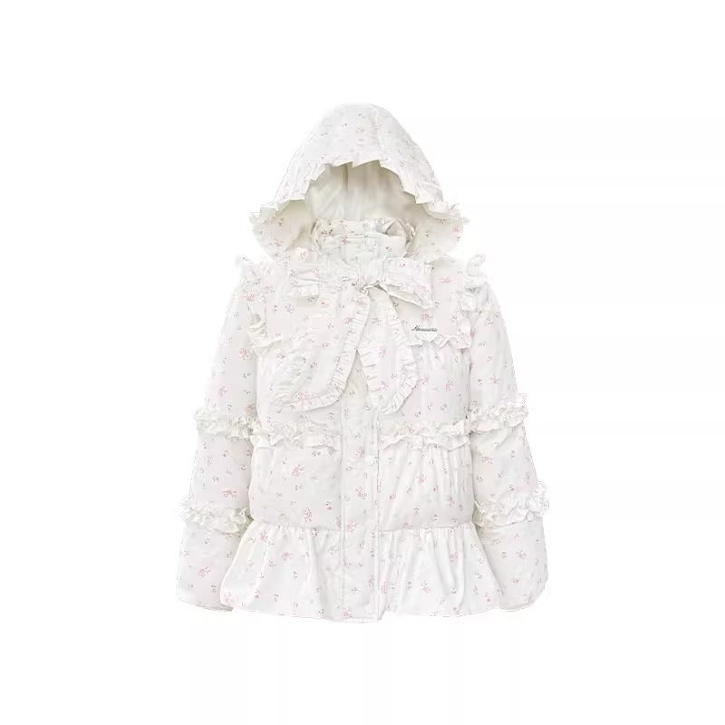 Narrator. Original Design Floral Ruffled Lace Bow Hooded Down Jacket