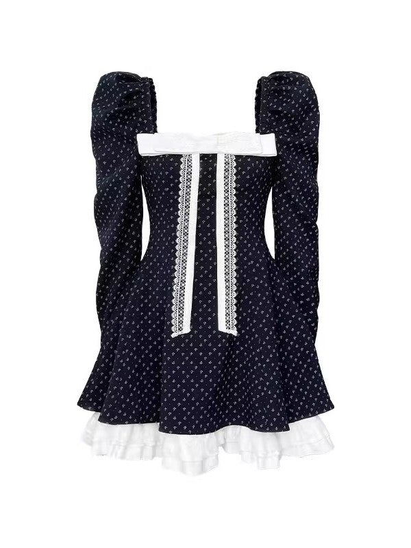 Narrator. Original Design Navy Polka Dot Long Sleeve Square Neck Dress
