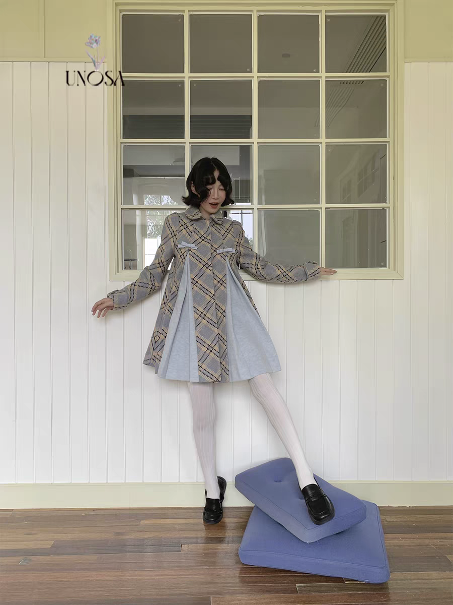 UNOSA. Original Design Plaid Bow Pleated A-Line Wool Coat