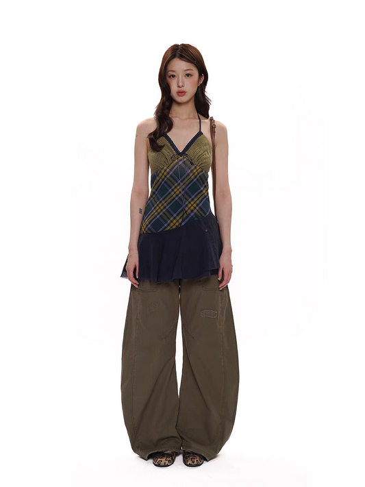 Moromoro. Original Design Vintage Plaid Patchwork Cami Dress