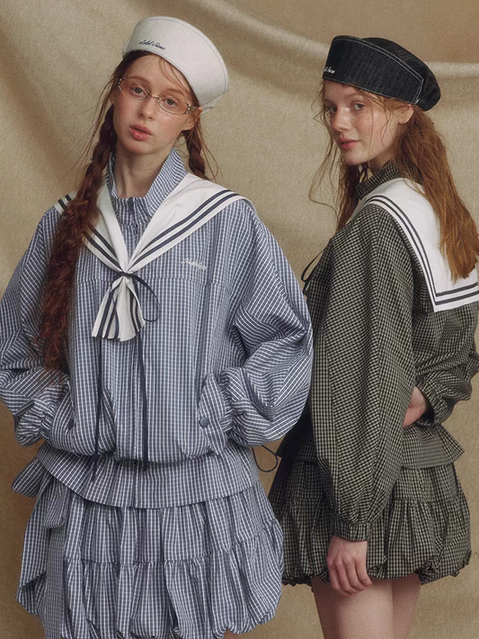 LOLOL. Original Design Detachable Sailor Collar Plaid Jacket & Skirt Set