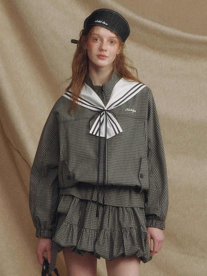 LOLOL. Original Design Detachable Sailor Collar Plaid Jacket & Skirt Set