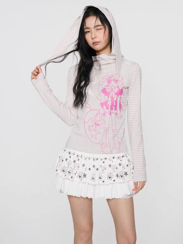 SEICARINO. Original Design Printed Striped Hoodie Sweatshirt with Bunny Ears