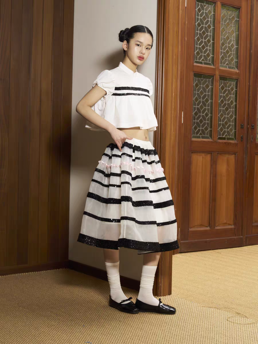 PER PEARL. Original Design Sheer Sequin Organza Puff Skirt