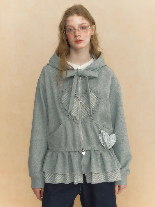 LOLOL. Original Design Layered Look Heart Print Zip-Up Hoodie