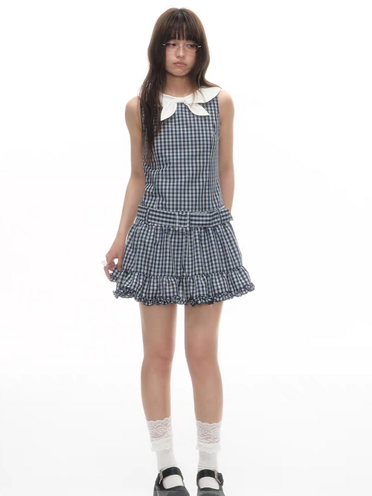 LOLOL. Original Design Bowtie Peter Pan Collar Lace Plaid Dress