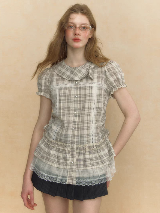 LOLOL. Original Design Puff Sleeve Plaid Blouse with Lace Trim