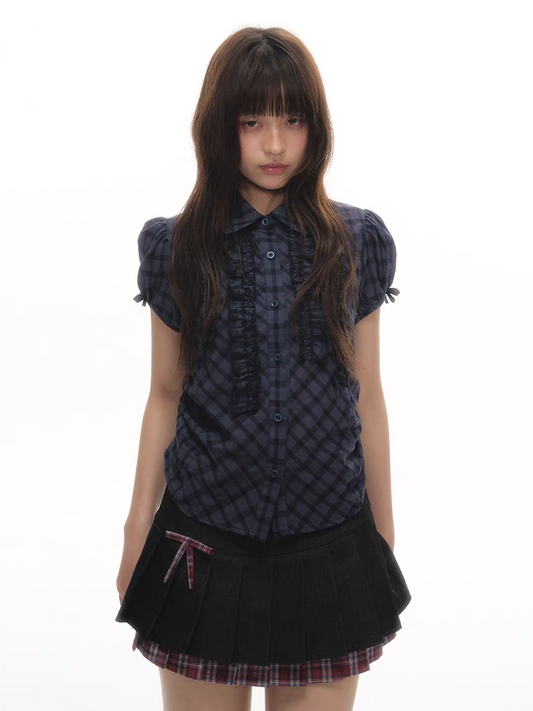 LOLOL. Original Design Slim Fit Lace Trim Gingham Short Sleeve Blouse