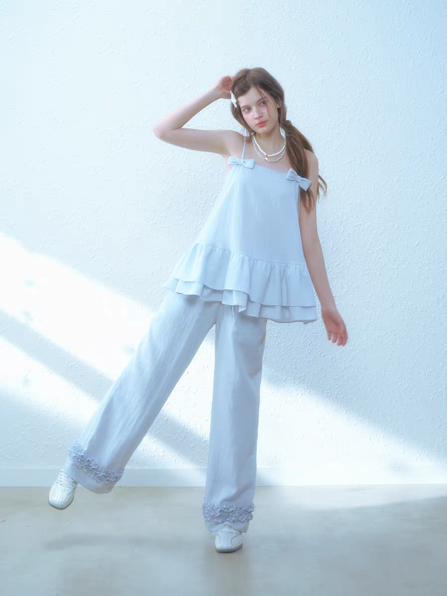 Narrator. Original Design Cotton Linen Bow Tie Cami Top & Lace Trim Pants Set