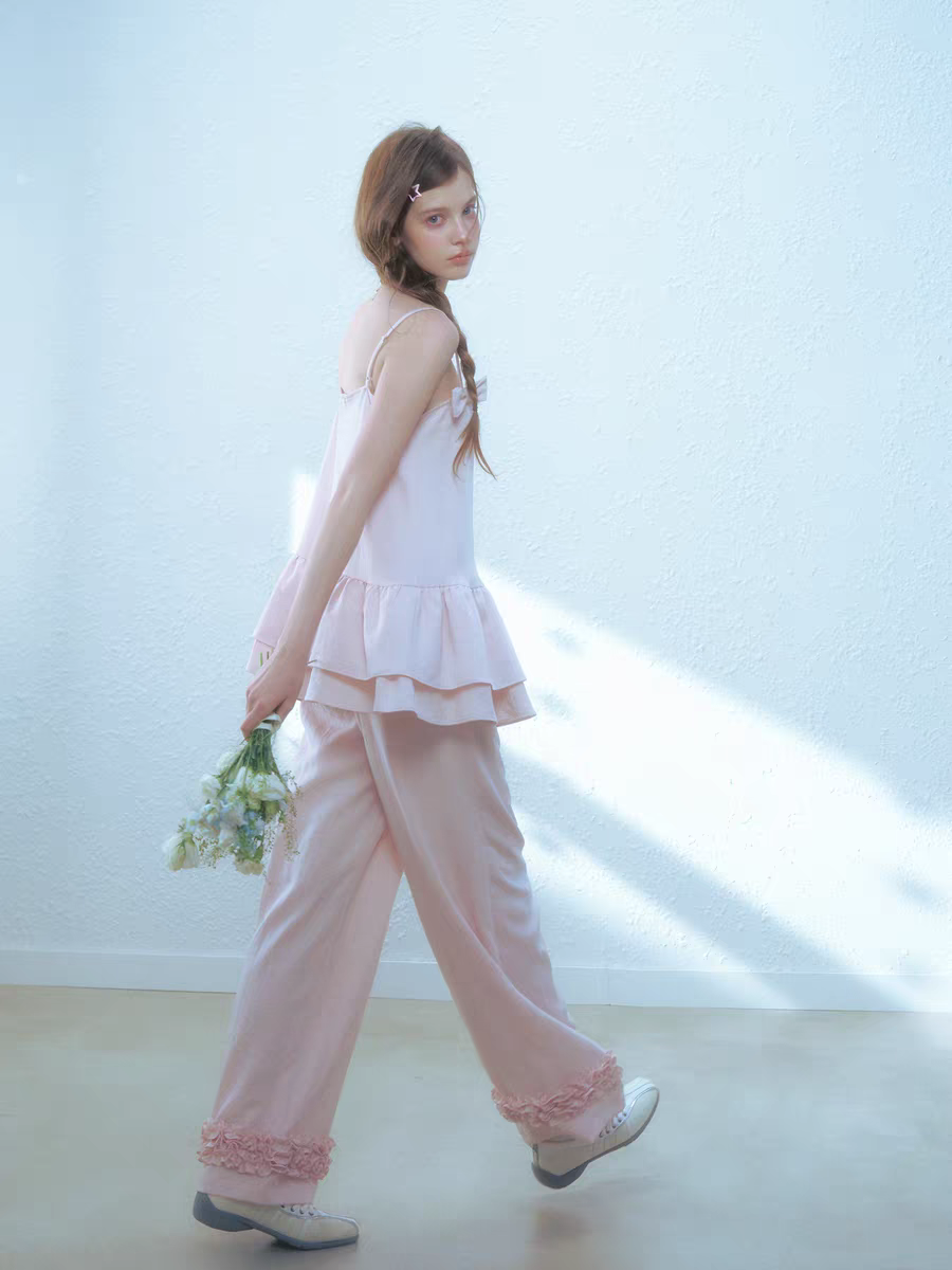 Narrator. Original Design Cotton Linen Bow Tie Cami Top & Lace Trim Pants Set