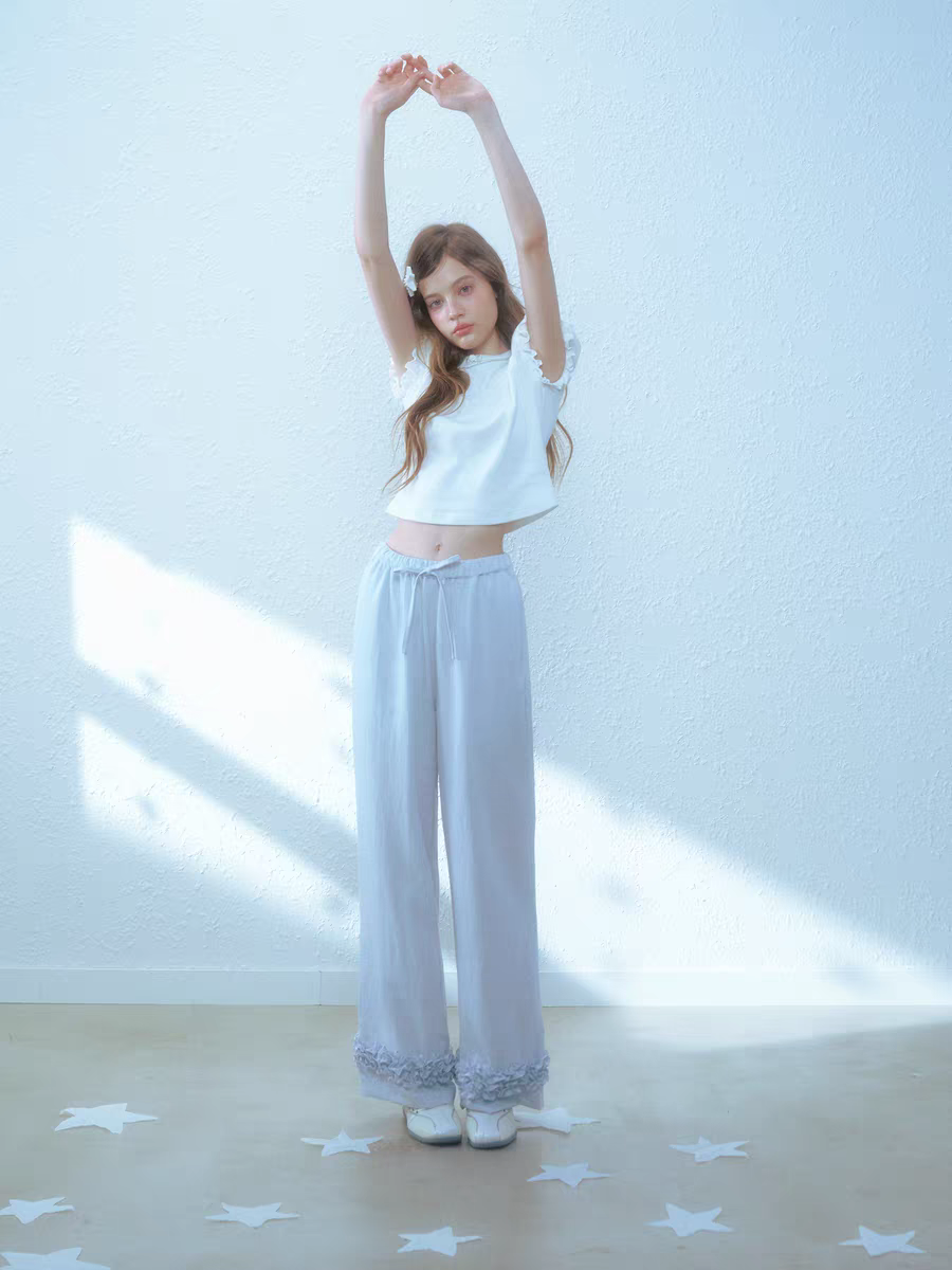Narrator. Original Design Cotton Linen Bow Tie Cami Top & Lace Trim Pants Set