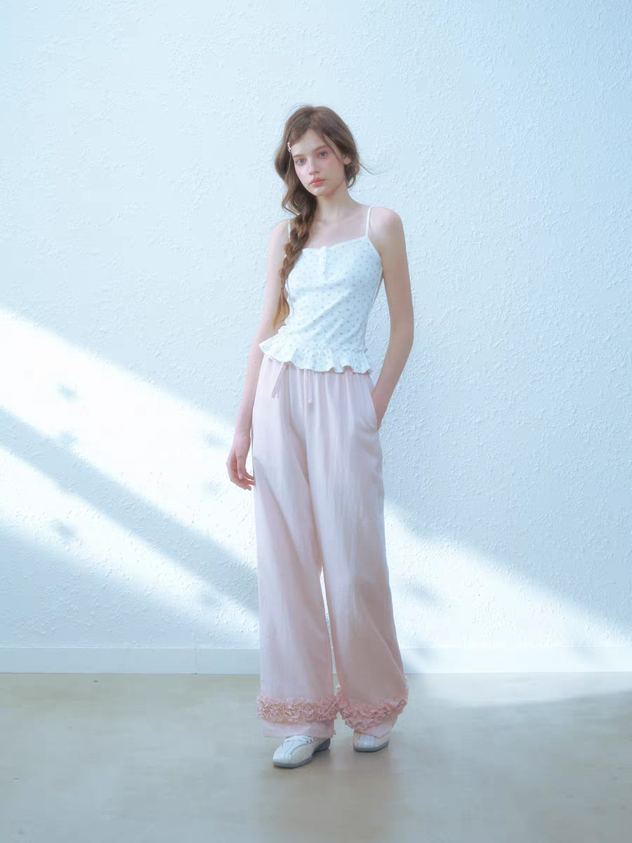 Narrator. Original Design Cotton Linen Bow Tie Cami Top & Lace Trim Pants Set
