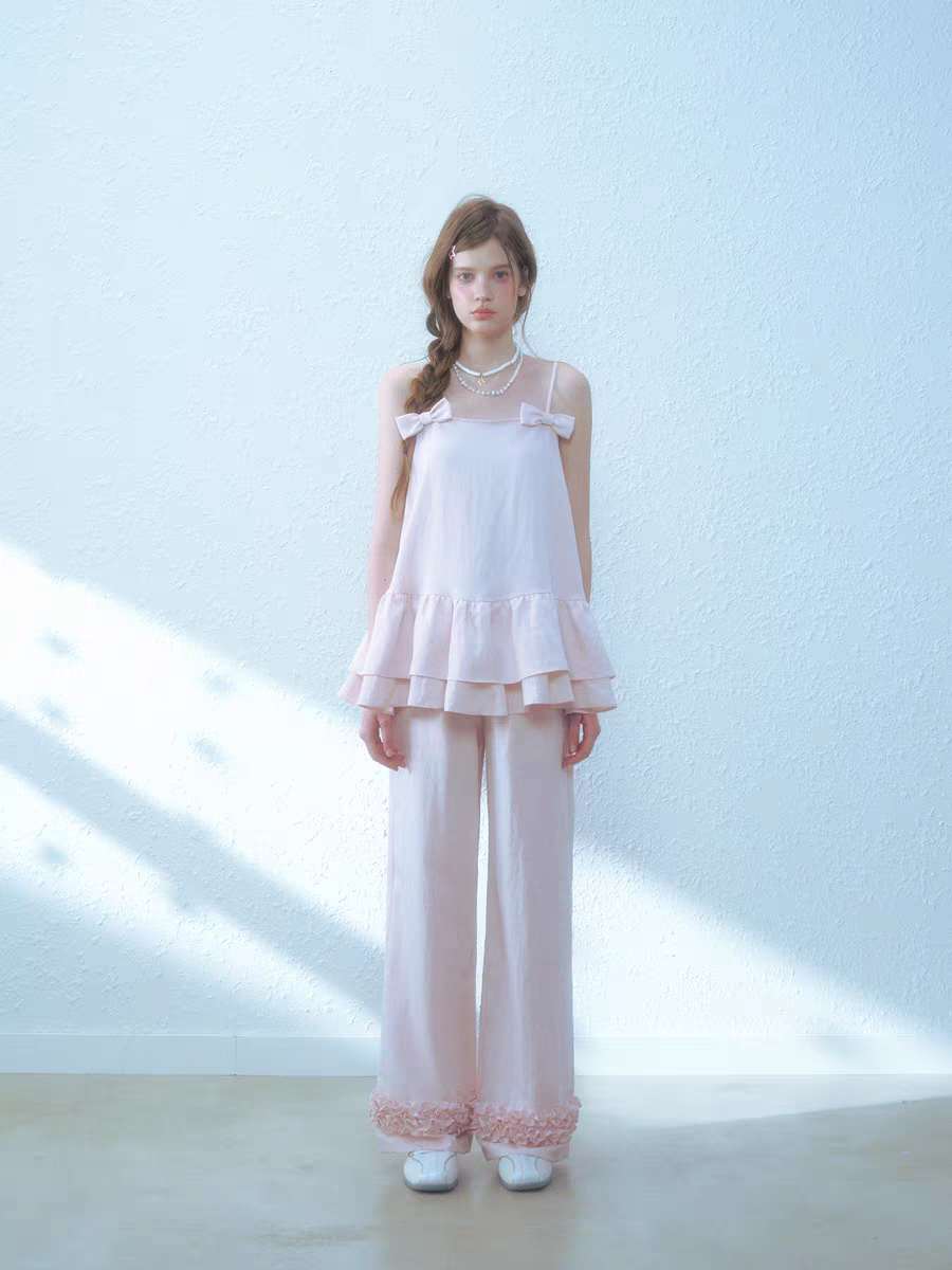Narrator. Original Design Cotton Linen Bow Tie Cami Top & Lace Trim Pants Set